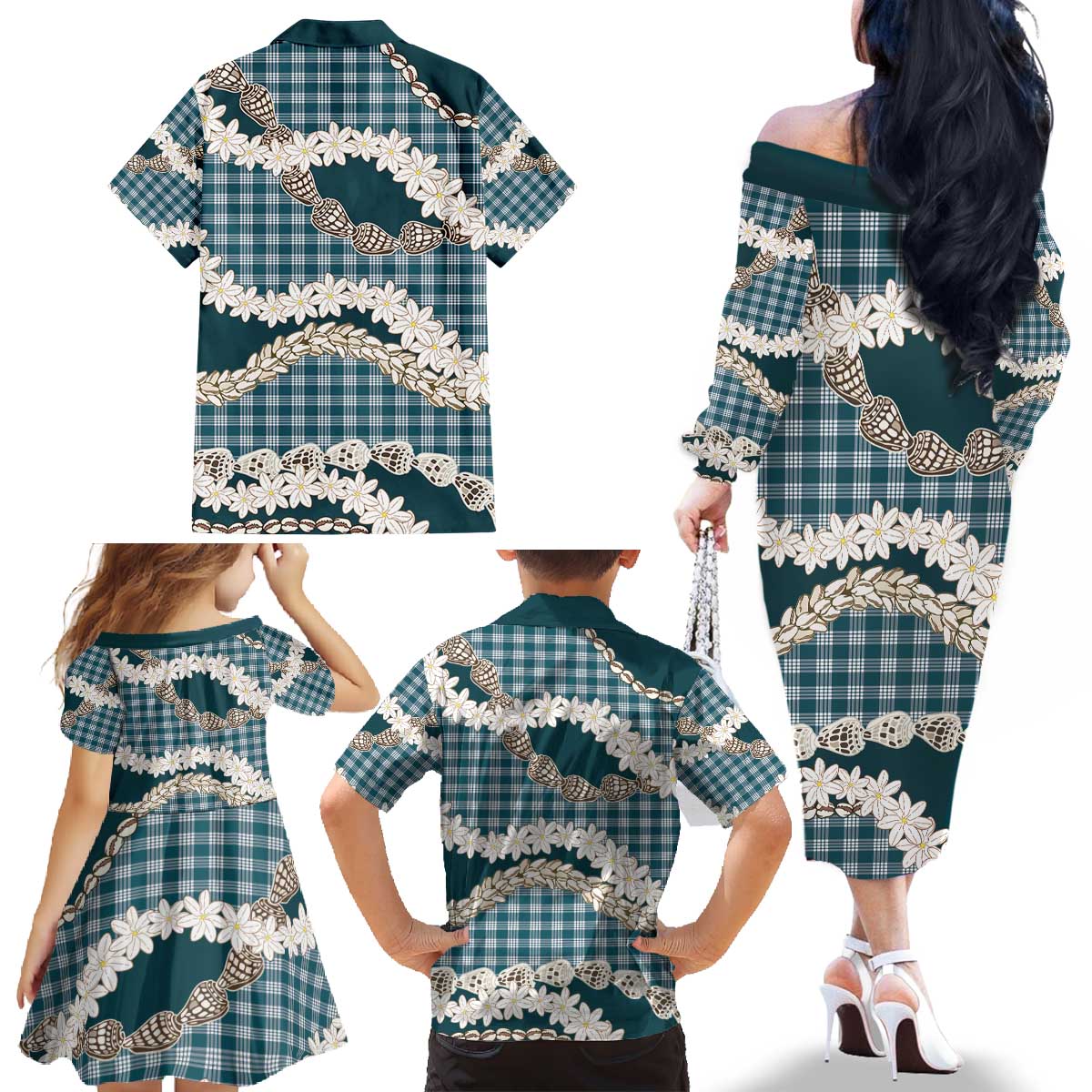 Dark Cyan Hawaii Tiare and Shell Lei Family Matching Off The Shoulder Long Sleeve Dress and Hawaiian Shirt Hawaiian Palaka Luxury Vibes - Polynesian Pride
