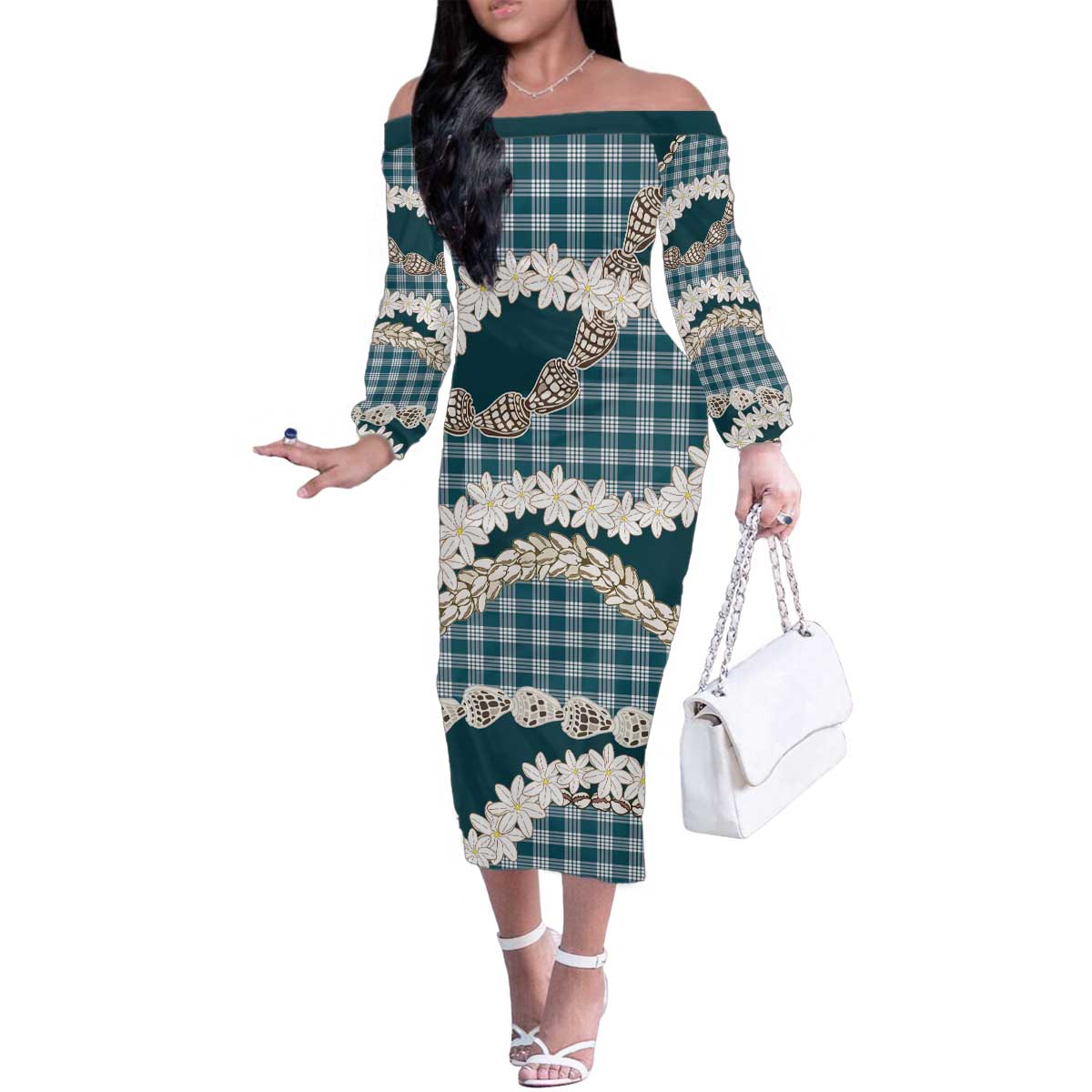 Dark Cyan Hawaii Tiare and Shell Lei Family Matching Off The Shoulder Long Sleeve Dress and Hawaiian Shirt Hawaiian Palaka Luxury Vibes - Polynesian Pride