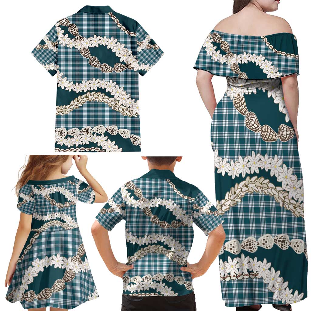 Dark Cyan Hawaii Tiare and Shell Lei Family Matching Off Shoulder Maxi Dress and Hawaiian Shirt Hawaiian Palaka Luxury Vibes - Polynesian Pride