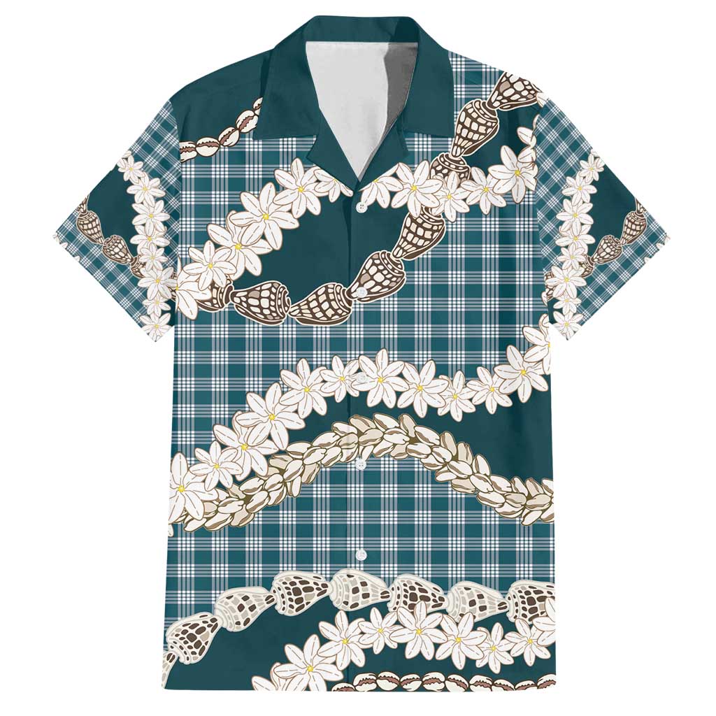 Dark Cyan Hawaii Tiare and Shell Lei Family Matching Off Shoulder Maxi Dress and Hawaiian Shirt Hawaiian Palaka Luxury Vibes - Polynesian Pride