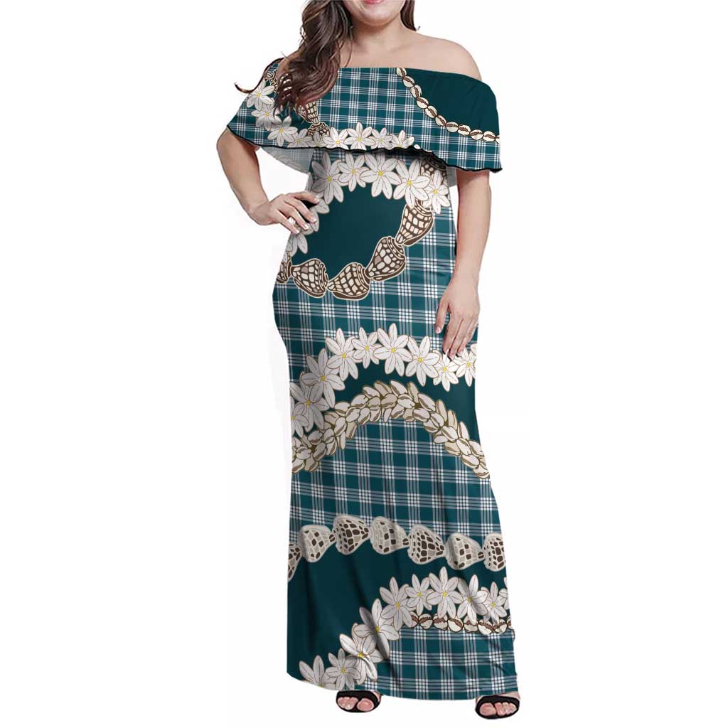 Dark Cyan Hawaii Tiare and Shell Lei Family Matching Off Shoulder Maxi Dress and Hawaiian Shirt Hawaiian Palaka Luxury Vibes - Polynesian Pride