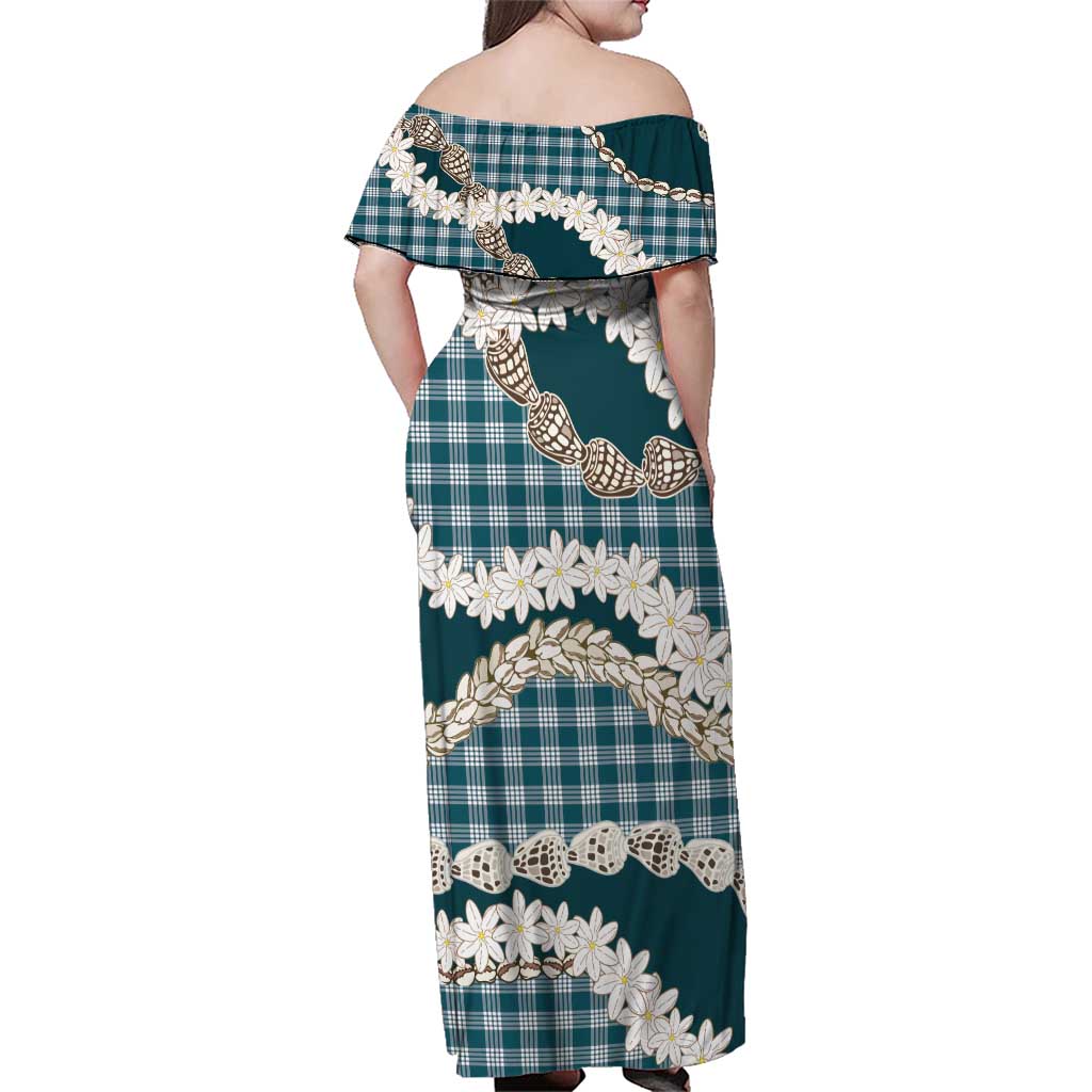 Dark Cyan Hawaii Tiare and Shell Lei Family Matching Off Shoulder Maxi Dress and Hawaiian Shirt Hawaiian Palaka Luxury Vibes - Polynesian Pride