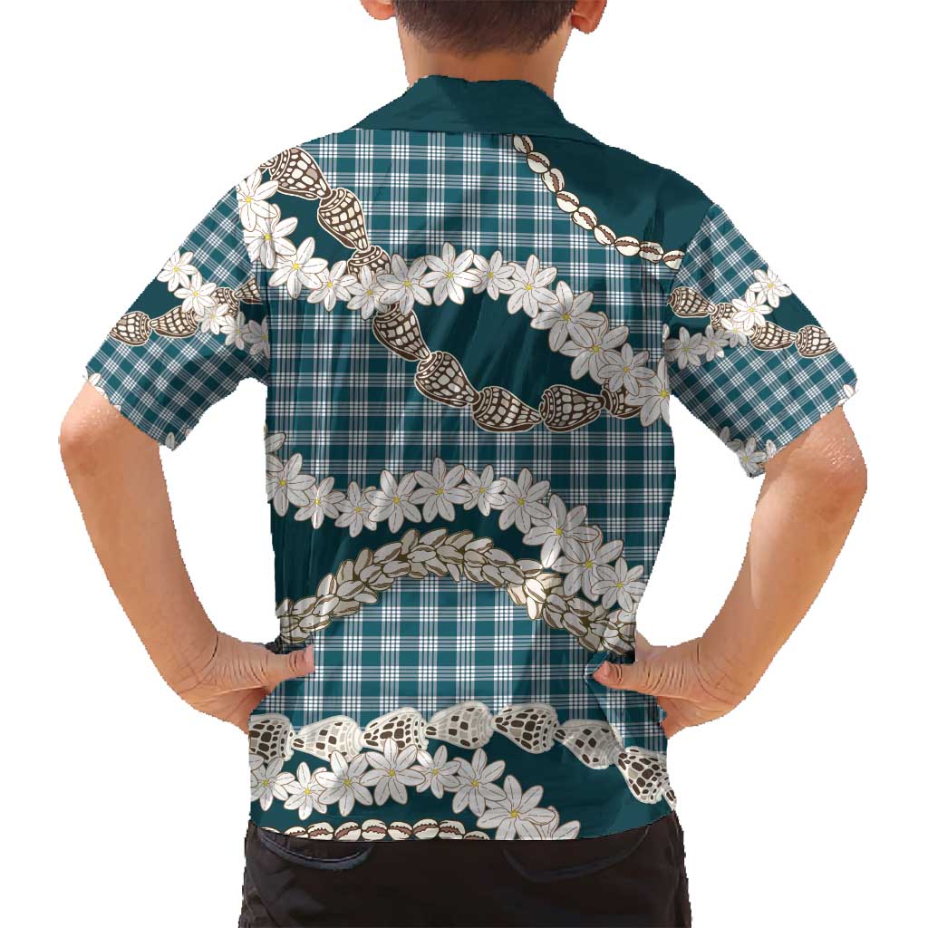Dark Cyan Hawaii Tiare and Shell Lei Family Matching Off Shoulder Short Dress and Hawaiian Shirt Hawaiian Palaka Luxury Vibes - Polynesian Pride