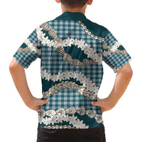 Dark Cyan Hawaii Tiare and Shell Lei Family Matching Off Shoulder Short Dress and Hawaiian Shirt Hawaiian Palaka Luxury Vibes - Polynesian Pride