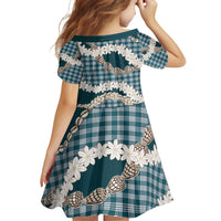 Dark Cyan Hawaii Tiare and Shell Lei Family Matching Off Shoulder Short Dress and Hawaiian Shirt Hawaiian Palaka Luxury Vibes - Polynesian Pride