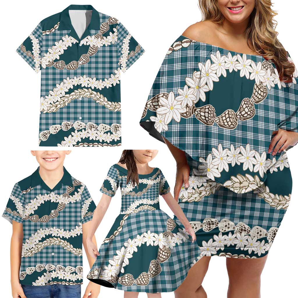 Dark Cyan Hawaii Tiare and Shell Lei Family Matching Off Shoulder Short Dress and Hawaiian Shirt Hawaiian Palaka Luxury Vibes - Polynesian Pride