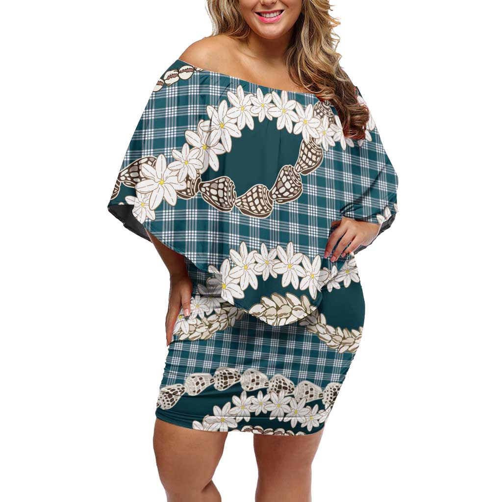 Dark Cyan Hawaii Tiare and Shell Lei Family Matching Off Shoulder Short Dress and Hawaiian Shirt Hawaiian Palaka Luxury Vibes - Polynesian Pride