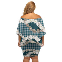 Dark Cyan Hawaii Tiare and Shell Lei Family Matching Off Shoulder Short Dress and Hawaiian Shirt Hawaiian Palaka Luxury Vibes - Polynesian Pride