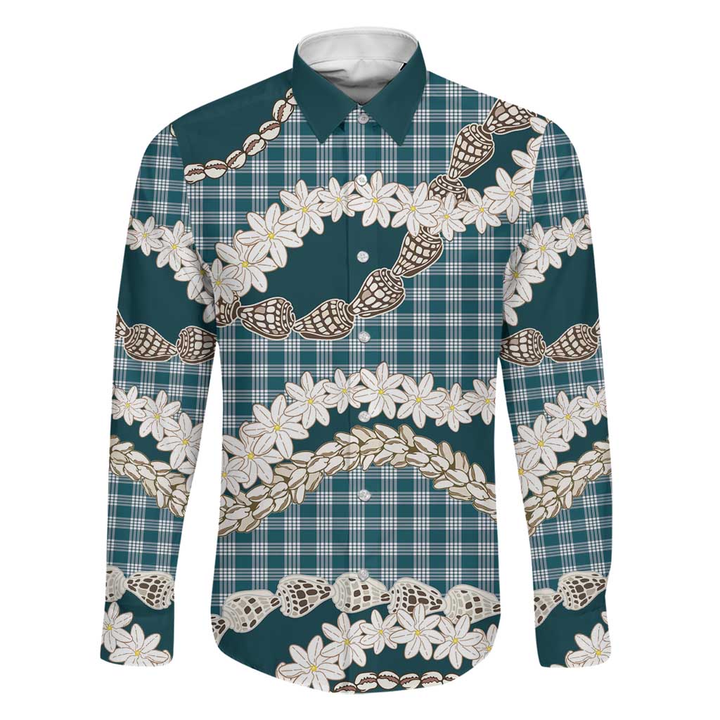 Dark Cyan Hawaii Tiare and Shell Lei Family Matching Puletasi and Hawaiian Shirt Hawaiian Palaka Luxury Vibes - Polynesian Pride