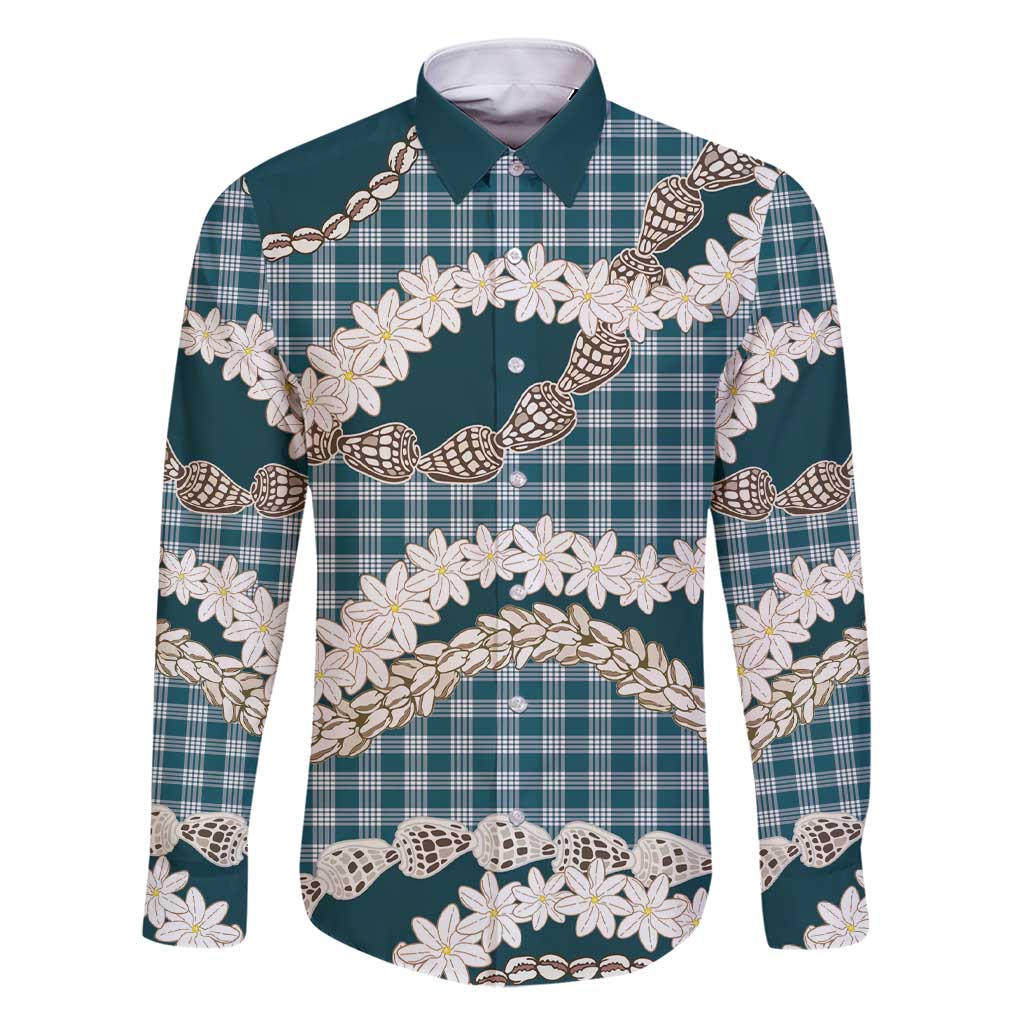 Dark Cyan Hawaii Tiare and Shell Lei Family Matching Short Sleeve Bodycon Dress and Hawaiian Shirt Hawaiian Palaka Luxury Vibes - Polynesian Pride