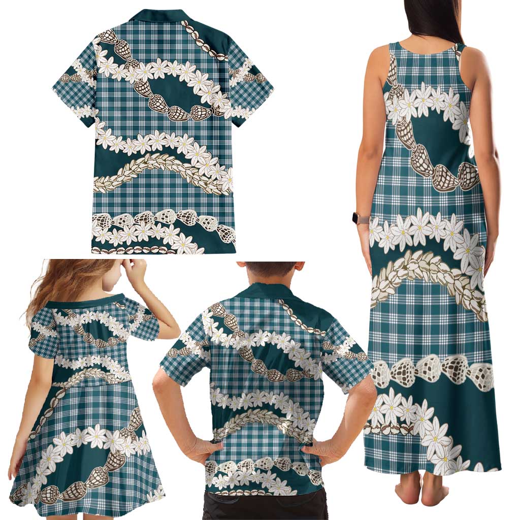 Dark Cyan Hawaii Tiare and Shell Lei Family Matching Tank Maxi Dress and Hawaiian Shirt Hawaiian Palaka Luxury Vibes - Polynesian Pride
