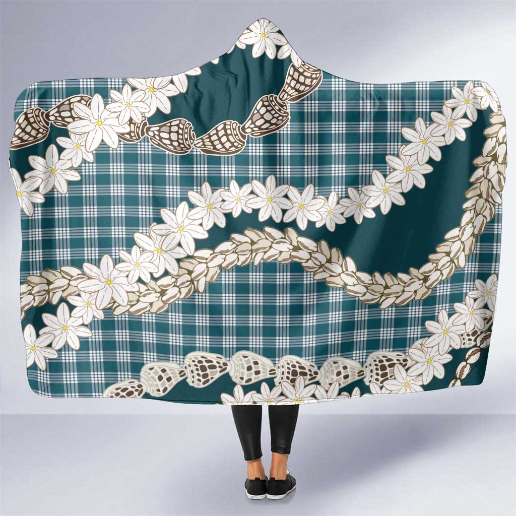 Dark Cyan Hawaii Tiare and Shell Lei Hooded Blanket Hawaiian Palaka Luxury Vibes - Polynesian Pride