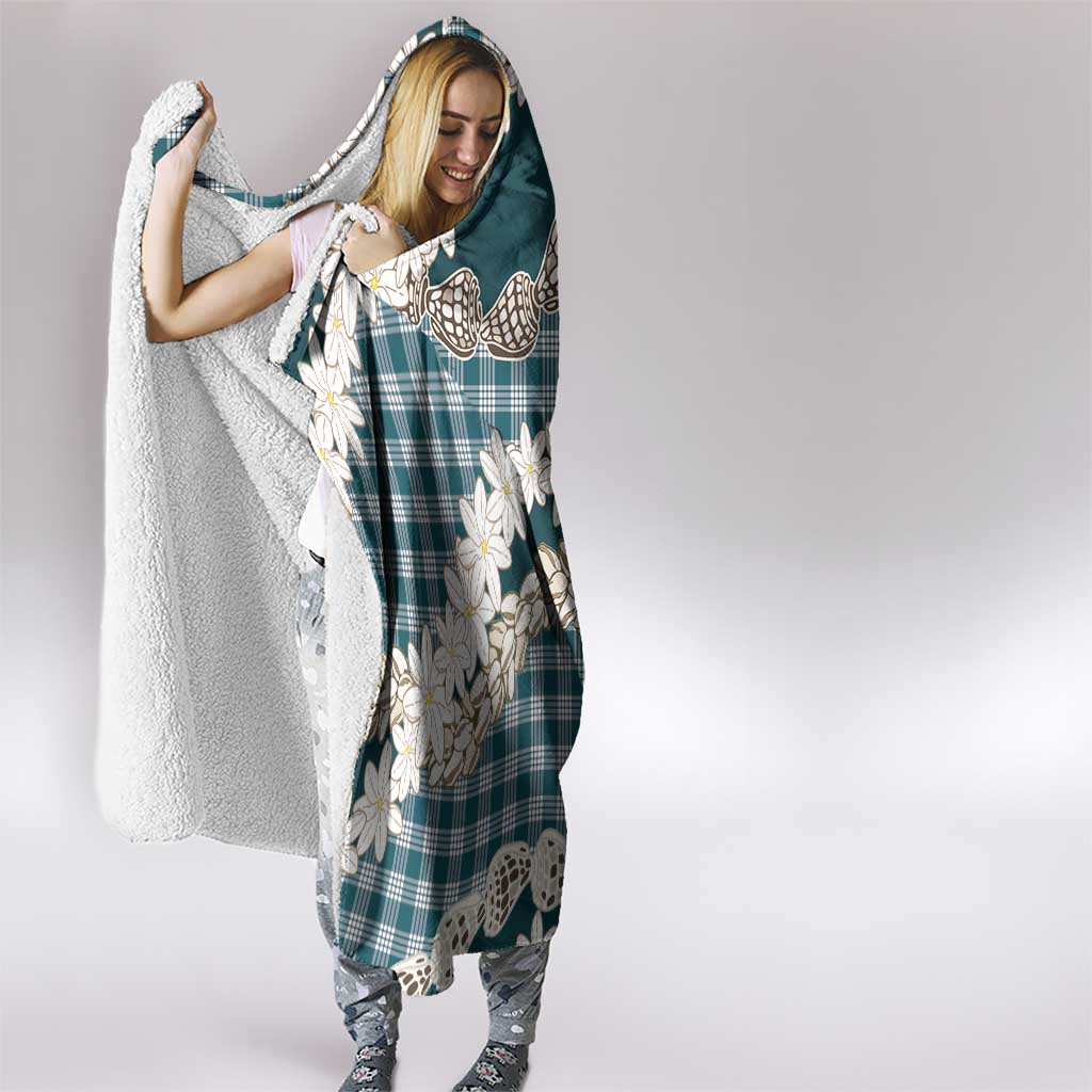 Dark Cyan Hawaii Tiare and Shell Lei Hooded Blanket Hawaiian Palaka Luxury Vibes - Polynesian Pride