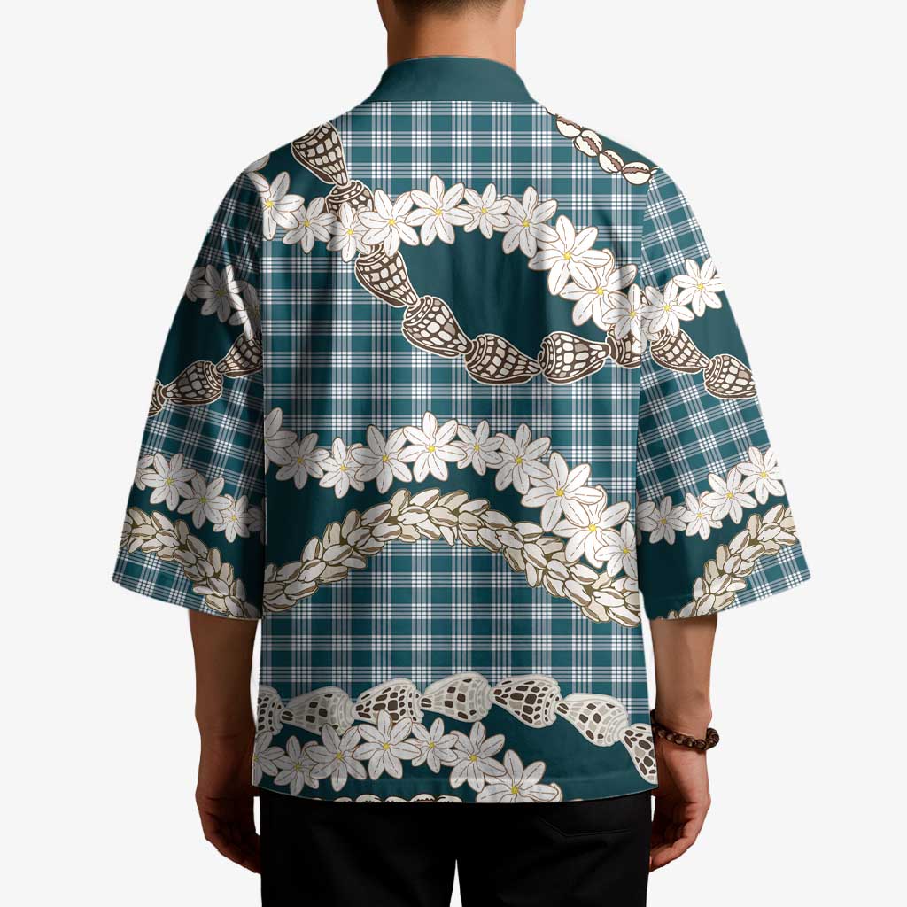 Dark Cyan Hawaii Tiare and Shell Lei Kimono Hawaiian Palaka Luxury Vibes - Polynesian Pride