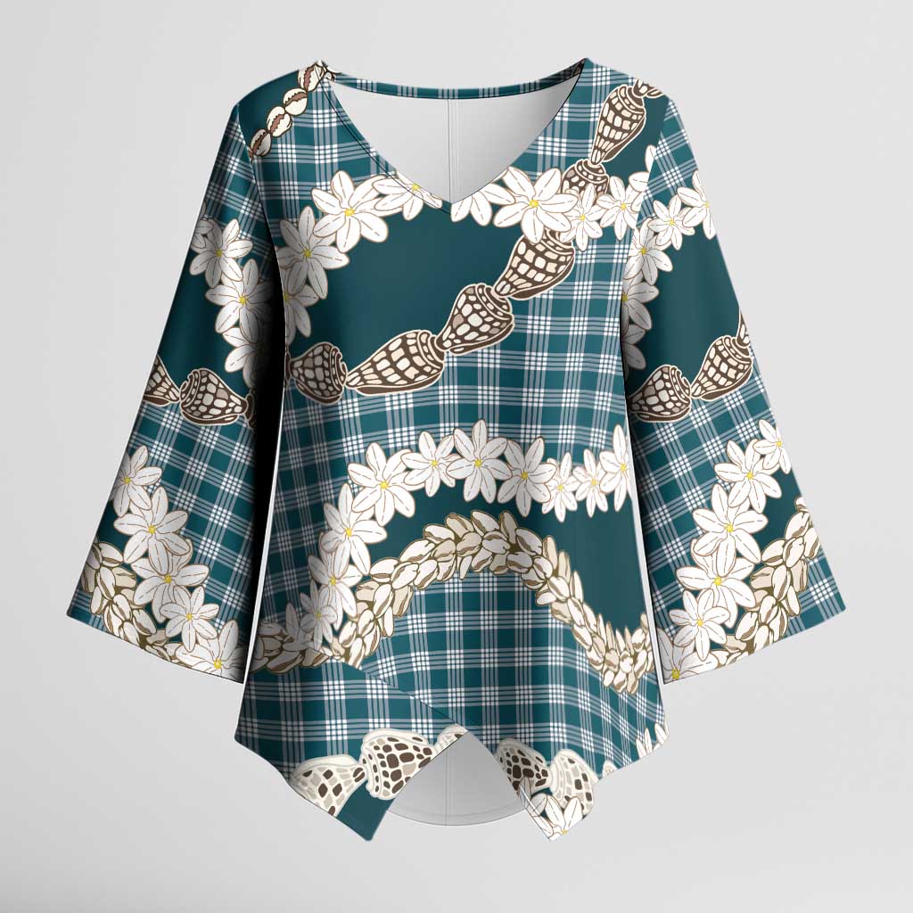 Dark Cyan Hawaii Tiare and Shell Lei Kimono Sleeve Blouse Hawaiian Palaka Luxury Vibes - Polynesian Pride