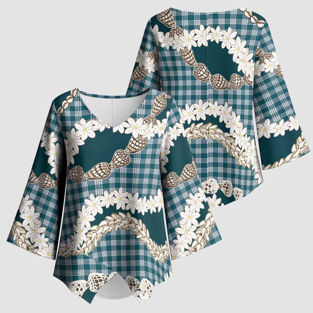 Dark Cyan Hawaii Tiare and Shell Lei Kimono Sleeve Blouse Hawaiian Palaka Luxury Vibes - Polynesian Pride