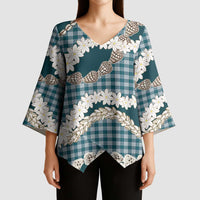 Dark Cyan Hawaii Tiare and Shell Lei Kimono Sleeve Blouse Hawaiian Palaka Luxury Vibes - Polynesian Pride