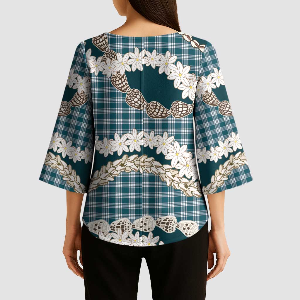 Dark Cyan Hawaii Tiare and Shell Lei Kimono Sleeve Blouse Hawaiian Palaka Luxury Vibes - Polynesian Pride
