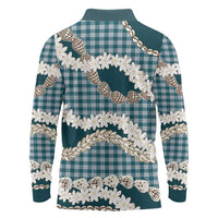 Dark Cyan Hawaii Tiare and Shell Lei Long Sleeve Polo Shirt Hawaiian Palaka Luxury Vibes - Polynesian Pride