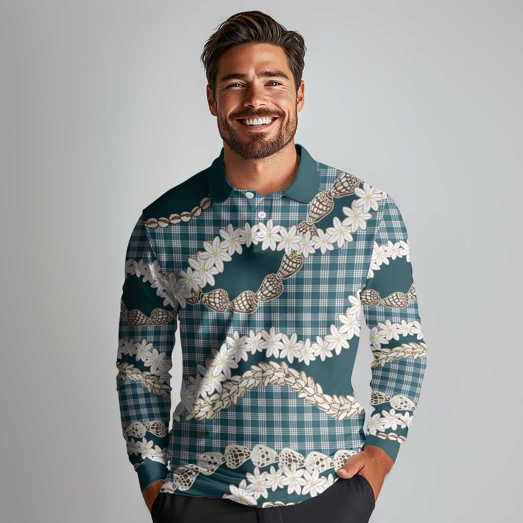 Dark Cyan Hawaii Tiare and Shell Lei Long Sleeve Polo Shirt Hawaiian Palaka Luxury Vibes - Polynesian Pride