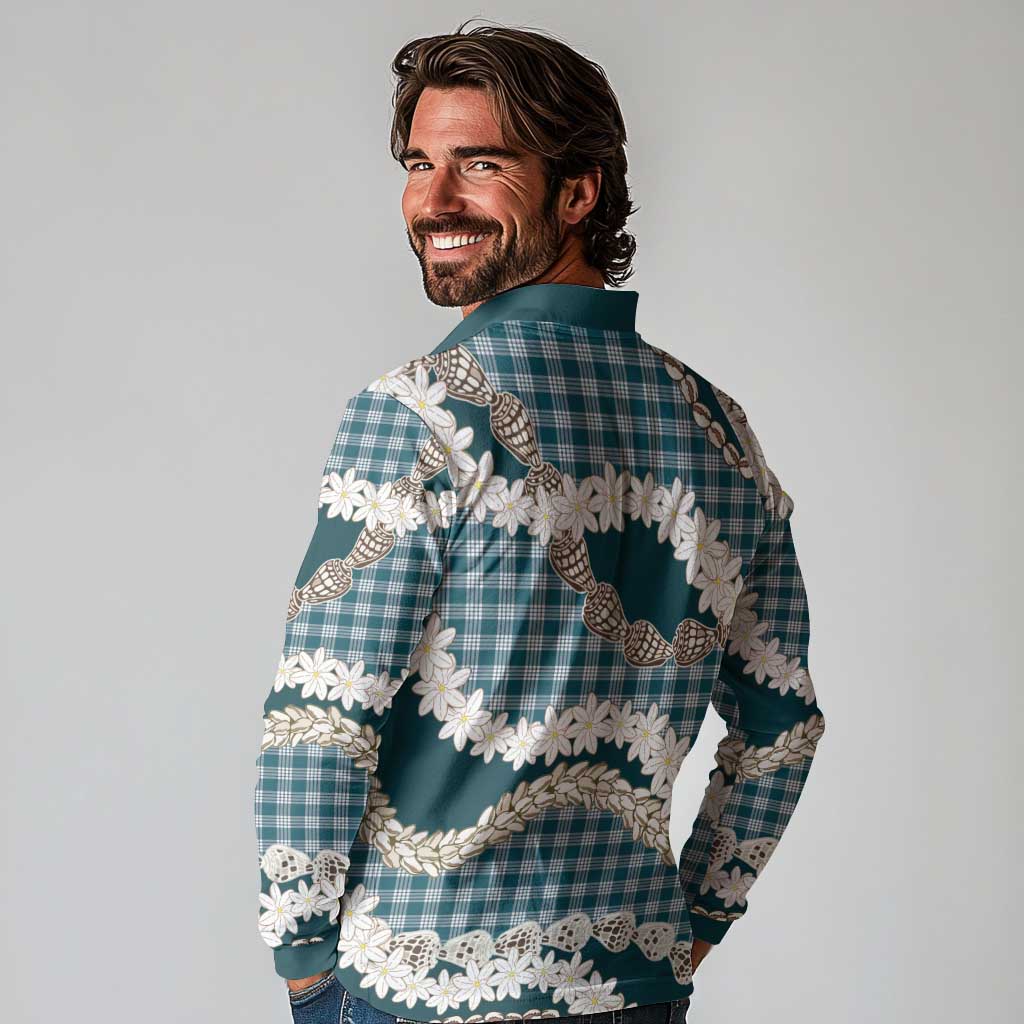 Dark Cyan Hawaii Tiare and Shell Lei Long Sleeve Polo Shirt Hawaiian Palaka Luxury Vibes - Polynesian Pride