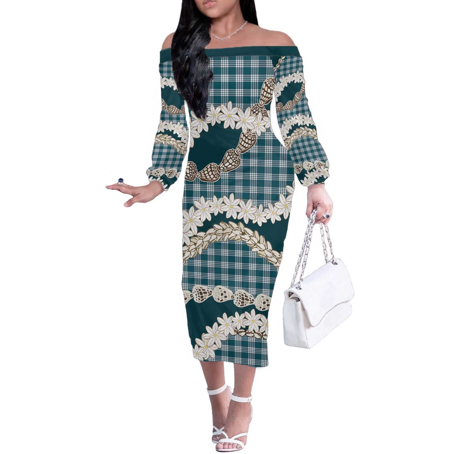 Dark Cyan Hawaii Tiare and Shell Lei Off The Shoulder Long Sleeve Dress Hawaiian Palaka Luxury Vibes - Polynesian Pride