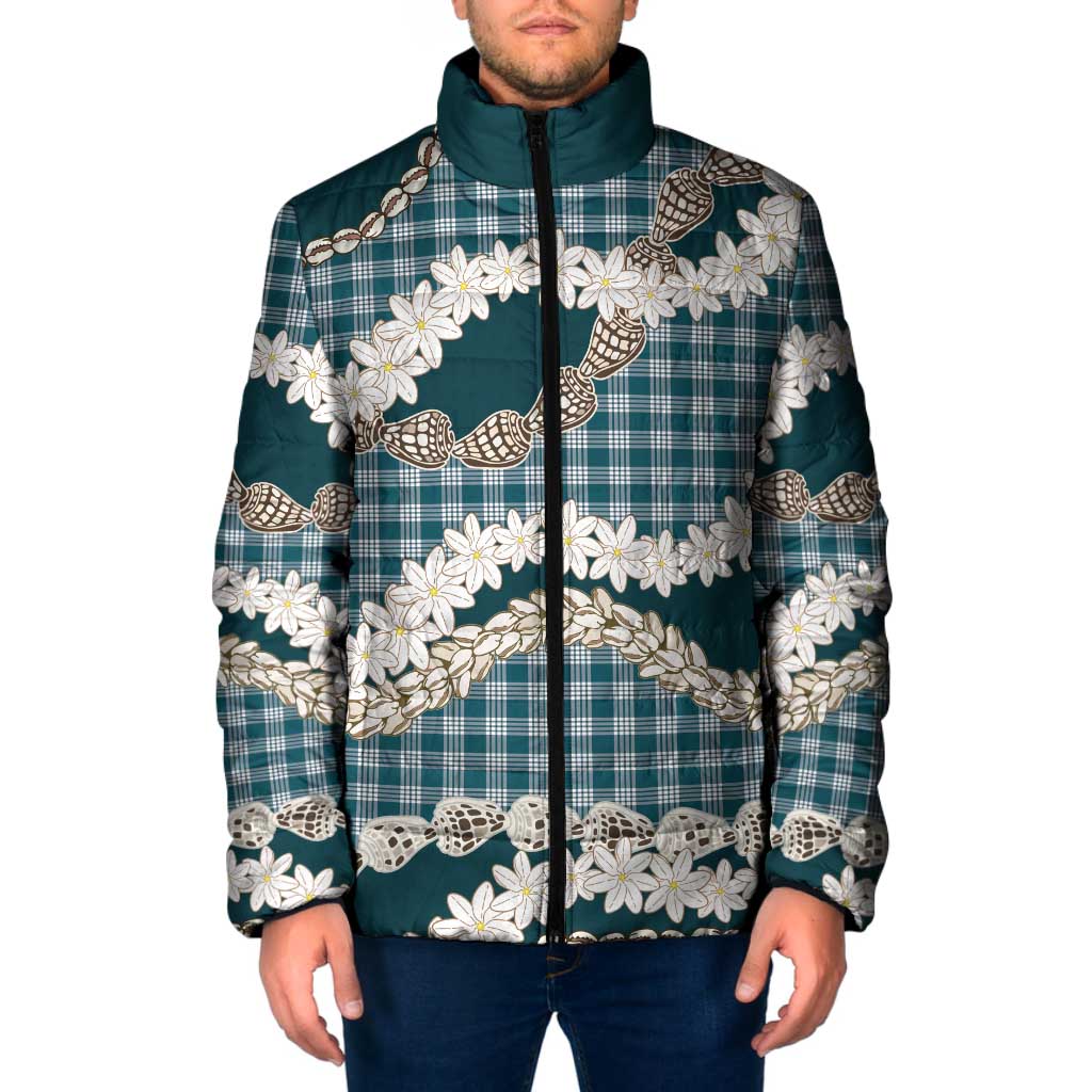 Dark Cyan Hawaii Tiare and Shell Lei Padded Jacket Hawaiian Palaka Luxury Vibes - Polynesian Pride