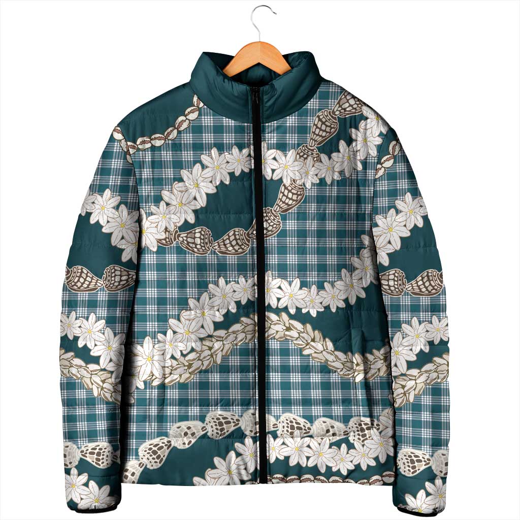 Dark Cyan Hawaii Tiare and Shell Lei Padded Jacket Hawaiian Palaka Luxury Vibes - Polynesian Pride