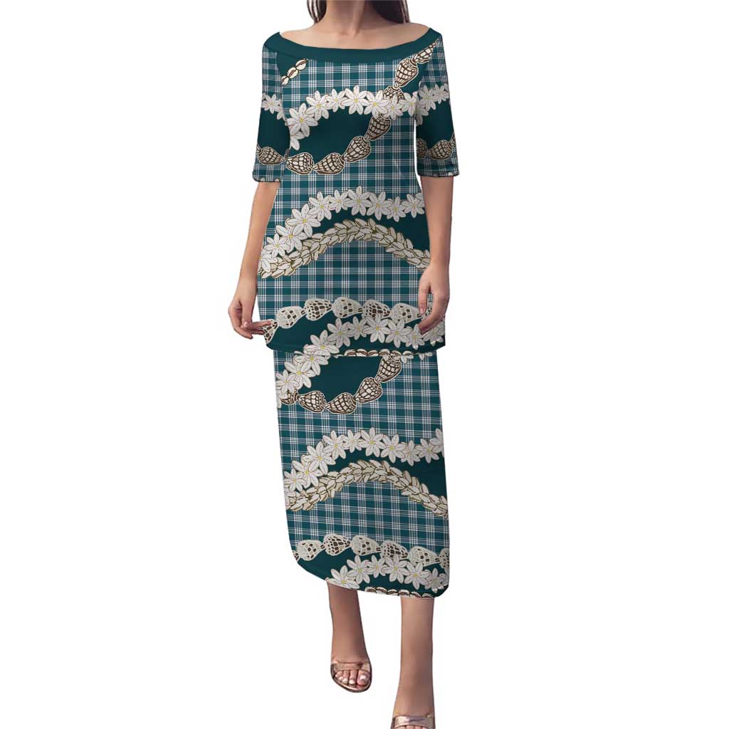 Dark Cyan Hawaii Tiare and Shell Lei Puletasi Hawaiian Palaka Luxury Vibes - Polynesian Pride