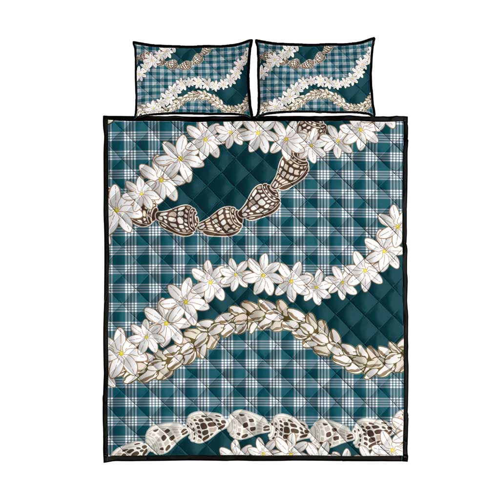 Dark Cyan Hawaii Tiare and Shell Lei Quilt Bed Set Hawaiian Palaka Luxury Vibes - Polynesian Pride