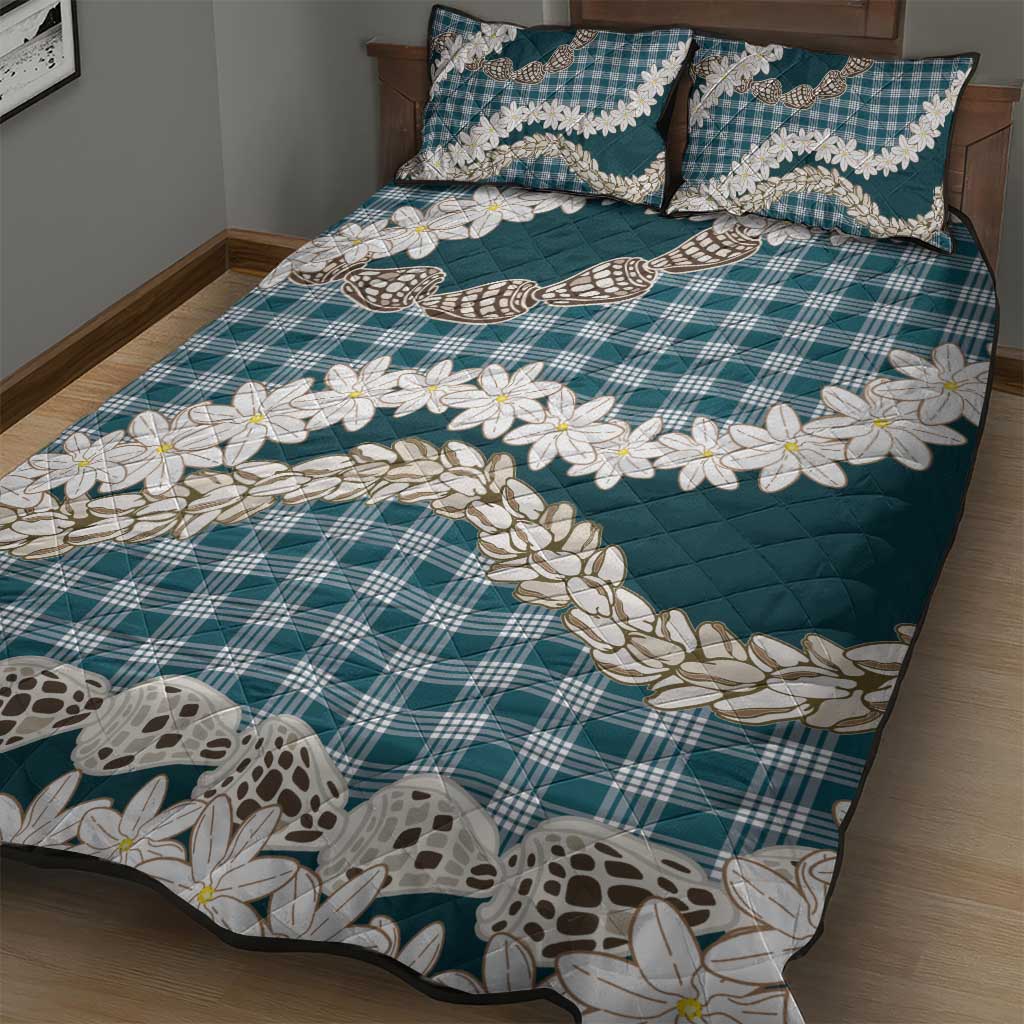 Dark Cyan Hawaii Tiare and Shell Lei Quilt Bed Set Hawaiian Palaka Luxury Vibes - Polynesian Pride
