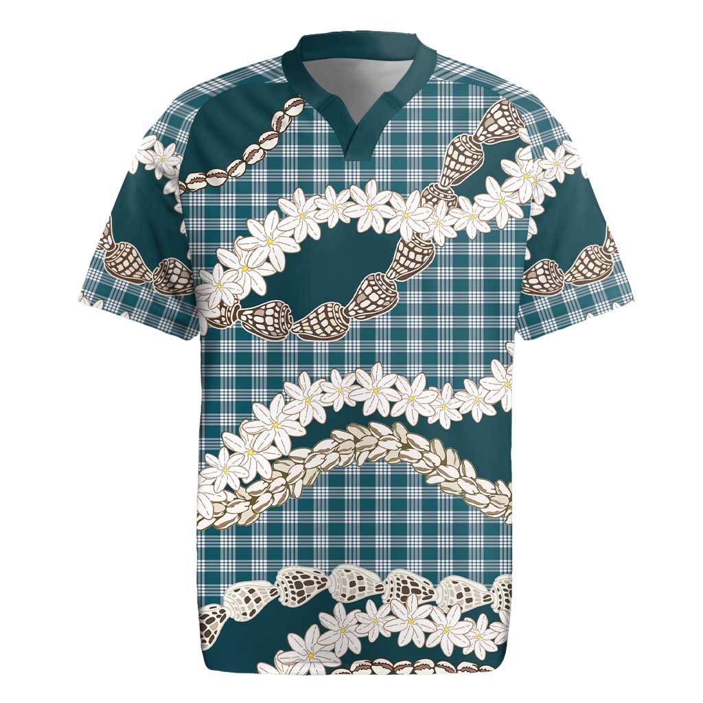 Dark Cyan Hawaii Tiare and Shell Lei Rugby Jersey Hawaiian Palaka Luxury Vibes - Polynesian Pride