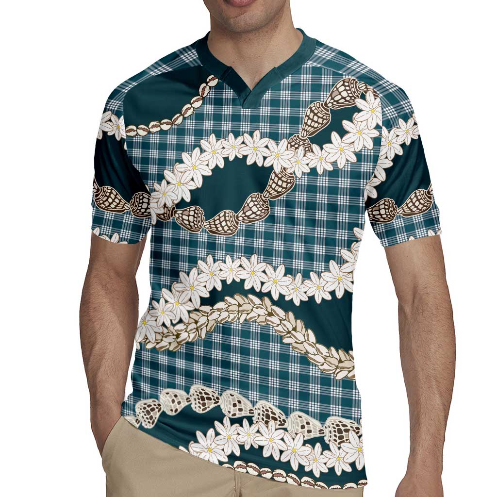 Dark Cyan Hawaii Tiare and Shell Lei Rugby Jersey Hawaiian Palaka Luxury Vibes - Polynesian Pride