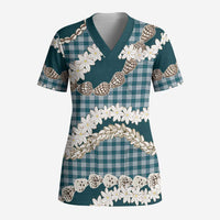 Dark Cyan Hawaii Tiare and Shell Lei Scrub Top Hawaiian Palaka Luxury Vibes - Polynesian Pride