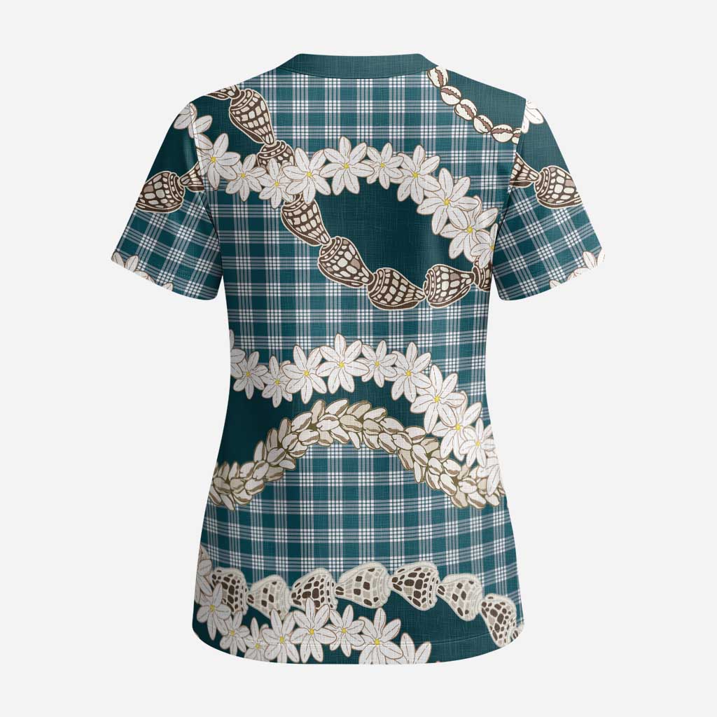 Dark Cyan Hawaii Tiare and Shell Lei Scrub Top Hawaiian Palaka Luxury Vibes - Polynesian Pride