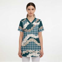 Dark Cyan Hawaii Tiare and Shell Lei Scrub Top Hawaiian Palaka Luxury Vibes - Polynesian Pride