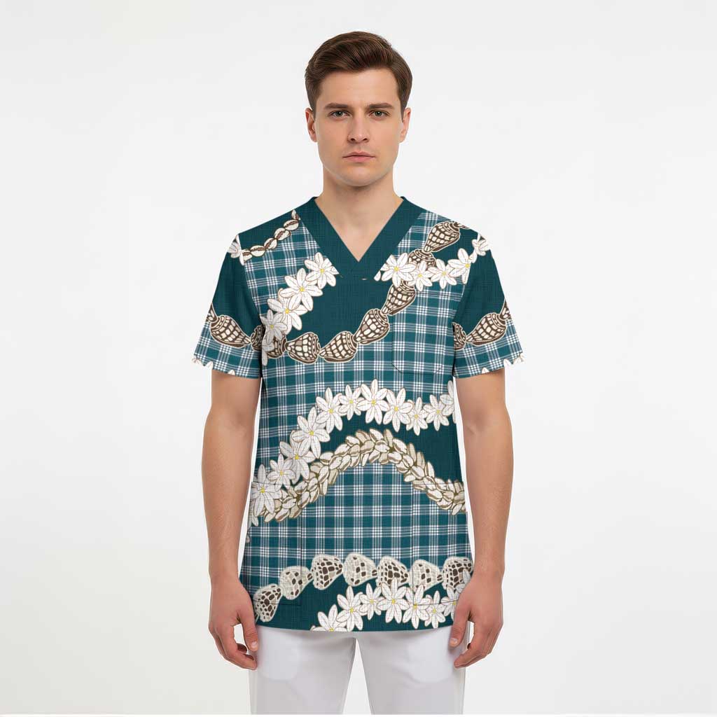Dark Cyan Hawaii Tiare and Shell Lei Scrub Top Hawaiian Palaka Luxury Vibes - Polynesian Pride