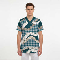 Dark Cyan Hawaii Tiare and Shell Lei Scrub Top Hawaiian Palaka Luxury Vibes - Polynesian Pride