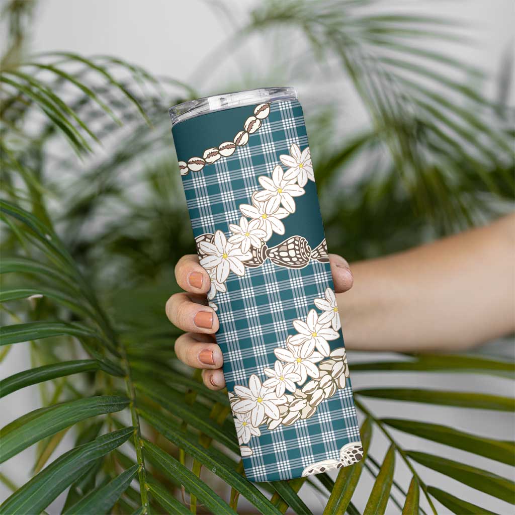 Dark Cyan Hawaii Tiare and Shell Lei Skinny Tumbler Hawaiian Palaka Luxury Vibes - Polynesian Pride