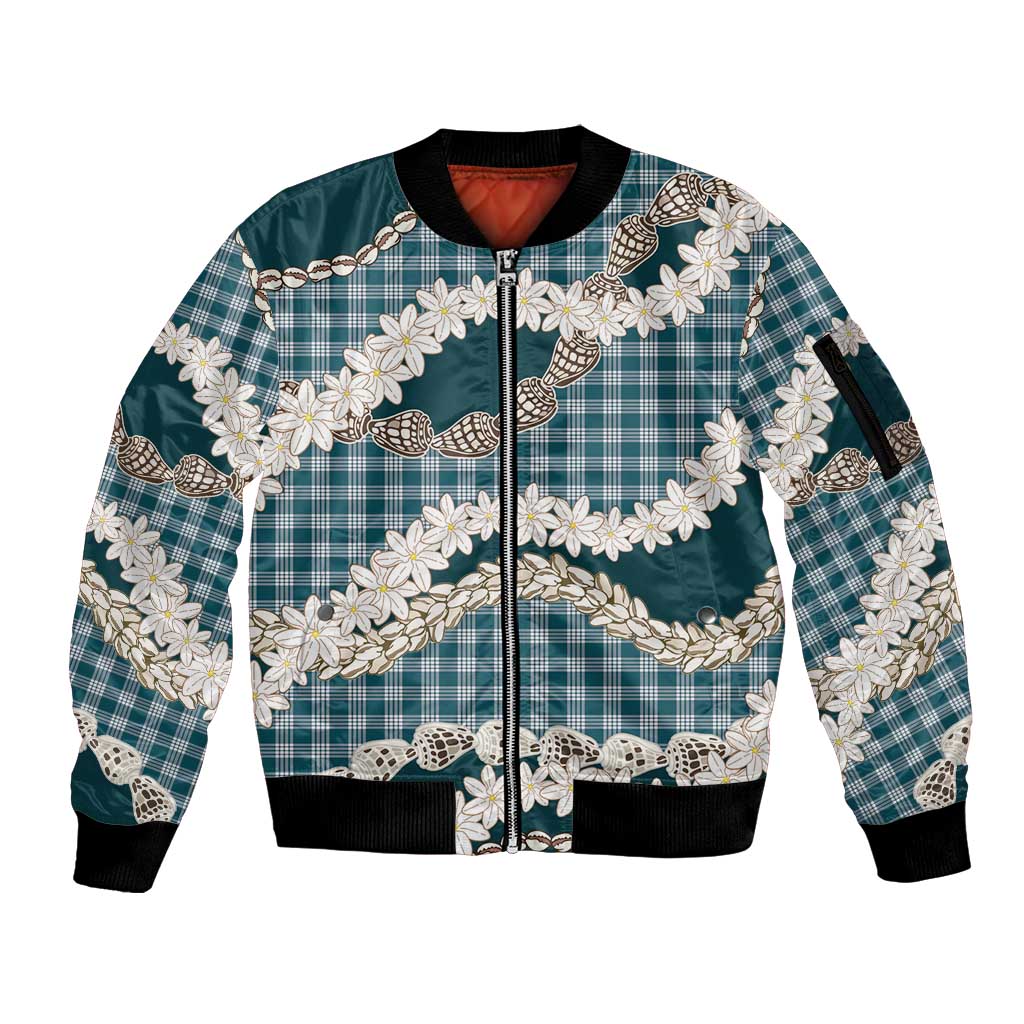 Dark Cyan Hawaii Tiare and Shell Lei Sleeve Zip Bomber Jacket Hawaiian Palaka Luxury Vibes - Polynesian Pride