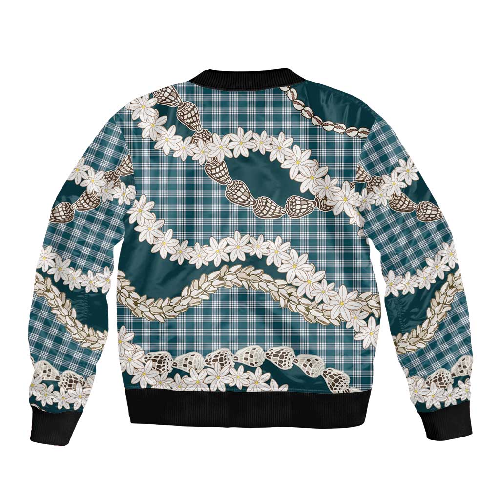 Dark Cyan Hawaii Tiare and Shell Lei Sleeve Zip Bomber Jacket Hawaiian Palaka Luxury Vibes - Polynesian Pride