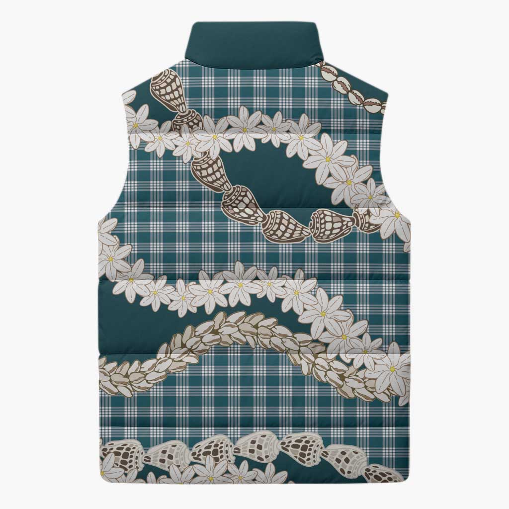 Dark Cyan Hawaii Tiare and Shell Lei Sleeveless Puffer Jacket Hawaiian Palaka Luxury Vibes - Polynesian Pride