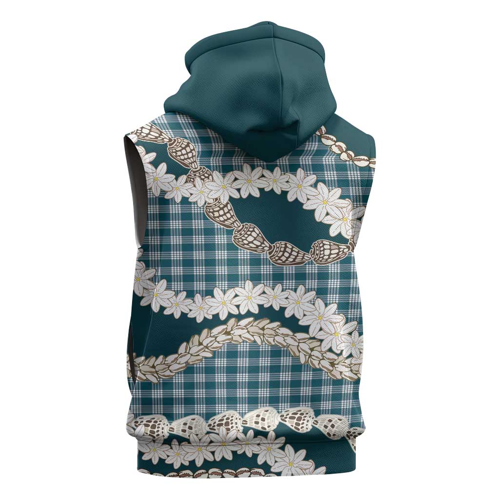 Dark Cyan Hawaii Tiare and Shell Lei Sleeveless Zip Hoodie Hawaiian Palaka Luxury Vibes - Polynesian Pride