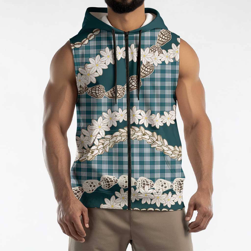 Dark Cyan Hawaii Tiare and Shell Lei Sleeveless Zip Hoodie Hawaiian Palaka Luxury Vibes - Polynesian Pride