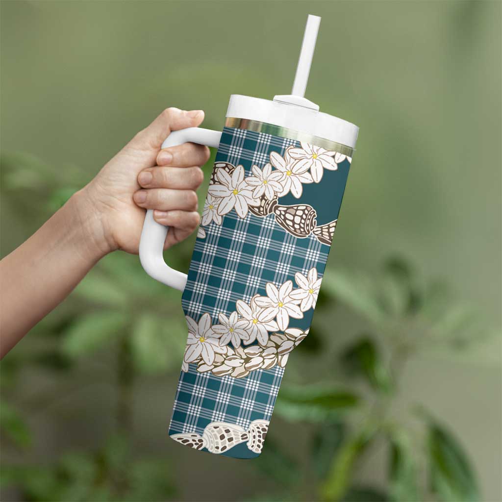 Dark Cyan Hawaii Tiare and Shell Lei Tumbler With Handle Hawaiian Palaka Luxury Vibes - Polynesian Pride