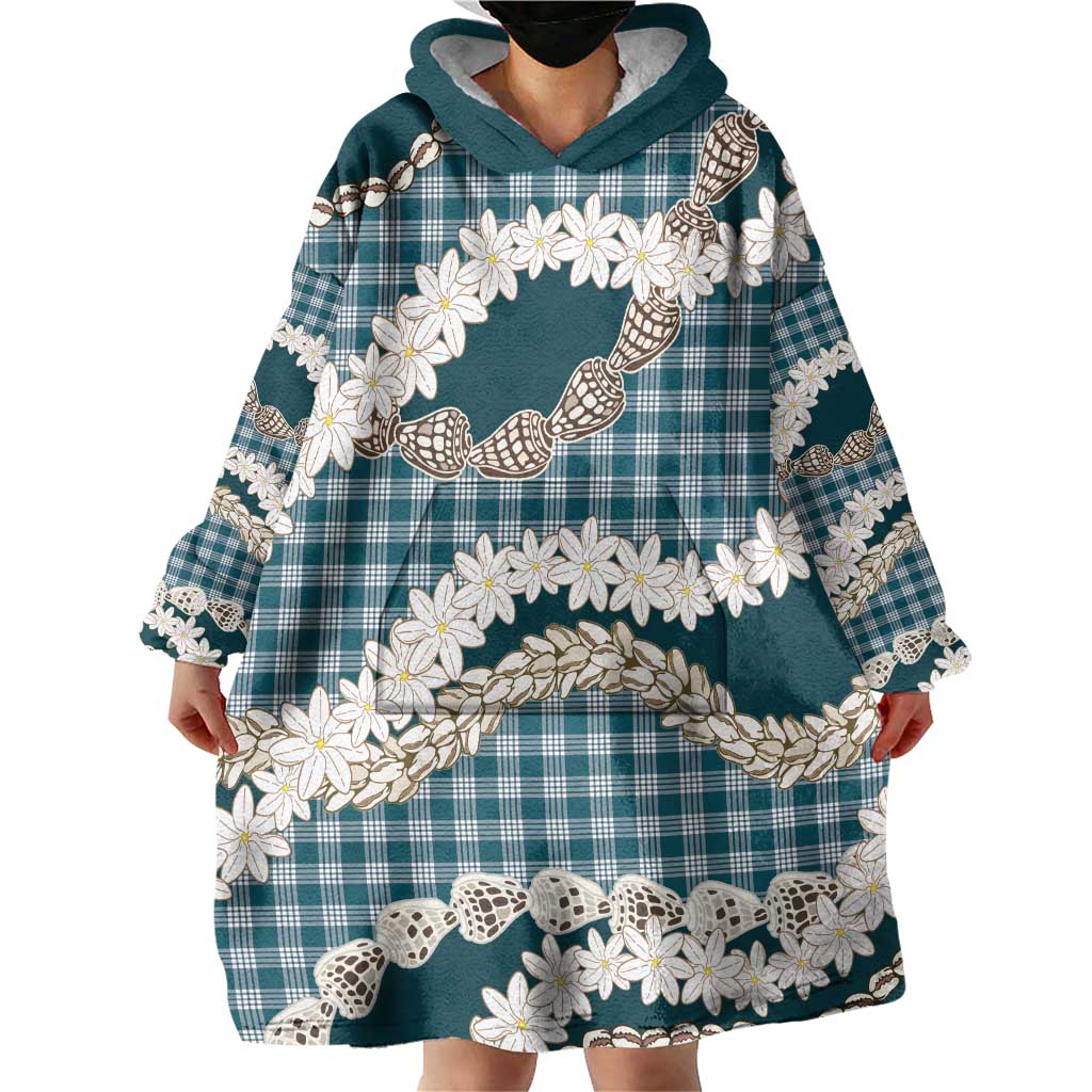 Dark Cyan Hawaii Tiare and Shell Lei Wearable Blanket Hoodie Hawaiian Palaka Luxury Vibes - Polynesian Pride