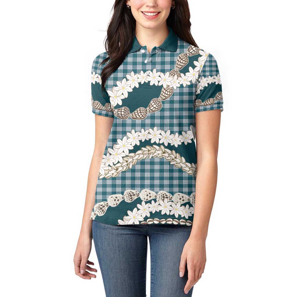 Dark Cyan Hawaii Tiare and Shell Lei Women Polo Shirt Hawaiian Palaka Luxury Vibes - Polynesian Pride