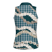 Dark Cyan Hawaii Tiare and Shell Lei Women Sleeveless Polo Shirt Hawaiian Palaka Luxury Vibes - Polynesian Pride