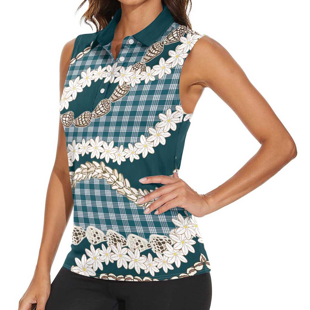 Dark Cyan Hawaii Tiare and Shell Lei Women Sleeveless Polo Shirt Hawaiian Palaka Luxury Vibes - Polynesian Pride