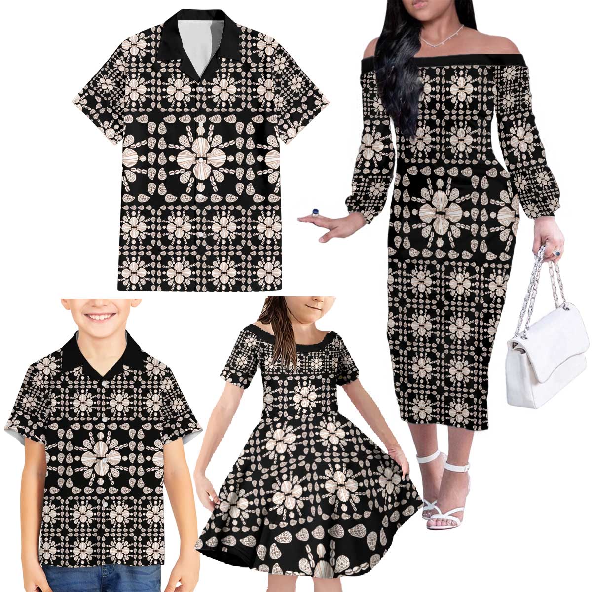 Aloha Hawaii Shell Quilt Family Matching Off The Shoulder Long Sleeve Dress and Hawaiian Shirt Seamless Style - Polynesian Pride